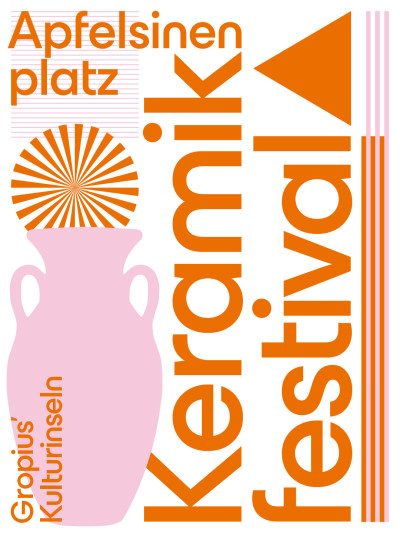 Plakat für das Keramikfestival am Apfelsinenplatz mit stilisierter Vase und Sonnenmotiv