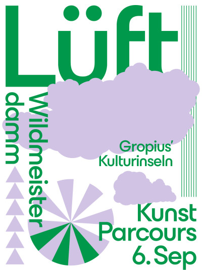Grafik von Gropius Kulturinseln mit Schriftzug Wildmeisterdamm und im Hintergrund stilisiertem Dackel sowie geometrischen Formen in Grün und Violett