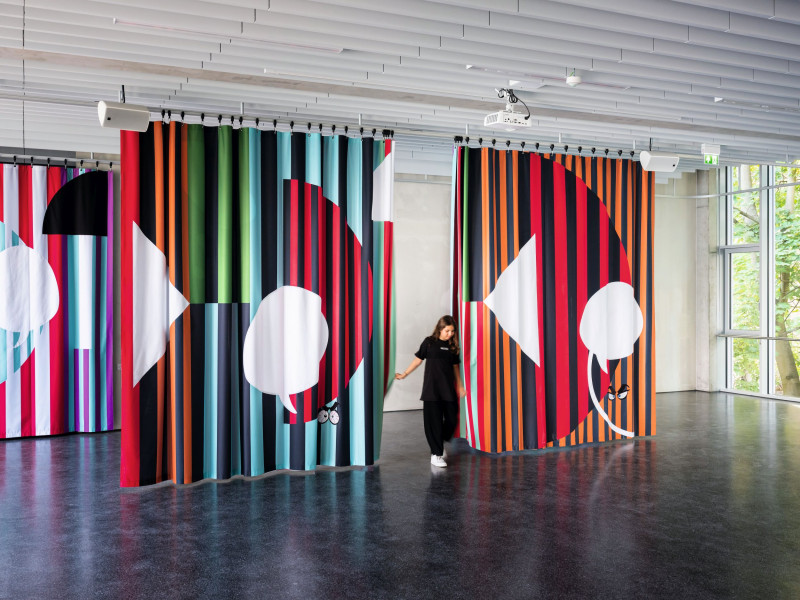 Interactive curtain installation in a classroom.