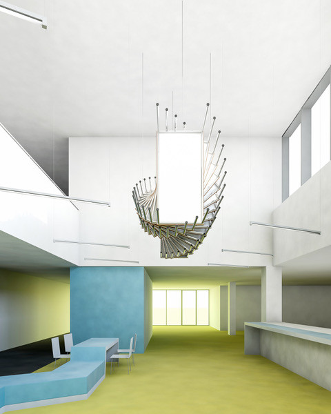 Entwurf einer Installation aus mehreren Tischen an der Decke eines Schulgebäudes angebracht.