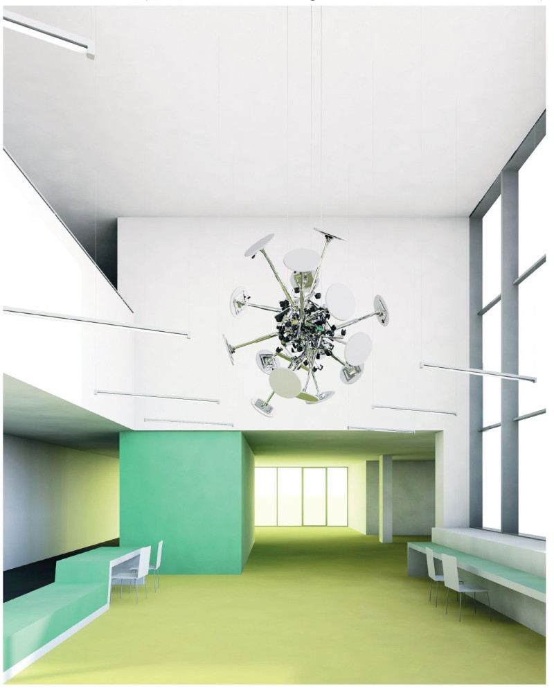 Entwurf einer Installation aus Stühlen an die Wand angebracht.