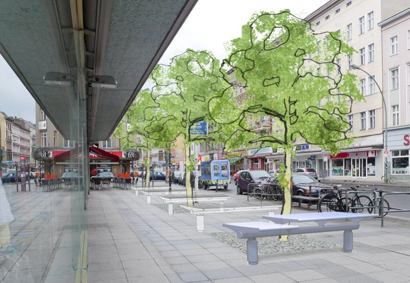 Entwurf mit 5 Bänken zwischen Bäume in einer Straße