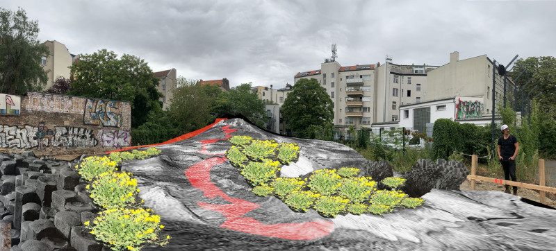 Entwurf Vulkangartens mit einem Mensch auf die rechte Seite