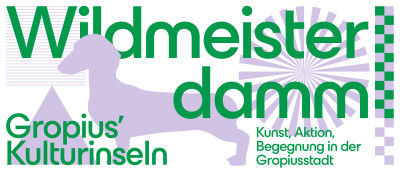Grafik von Gropius Kulturinseln mit Schriftzug Wildmeisterdamm und im Hintergrund stilisiertem Dackel sowie geometrischen Formen in Grün und Violett