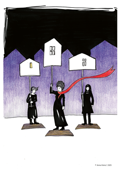 Comic Illustration von drei Frauen in schwarzen Kleidern, die an Stöcken Plakate mit Häusern hochhalten. Die mittlere Frau trägt einen roten Schal, der weit von ihr weg weht. Hinter ihnen lila Silhouetten von Häusern.